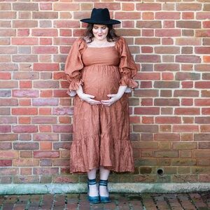 Pinkblush Rust Puff Sleeve Maternity Midi Dress